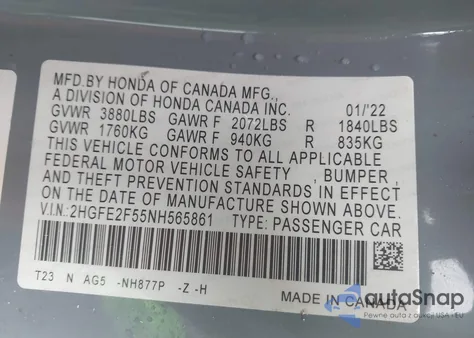 2022 Honda Civic Sport from USA, damaged, VIN 2HGFE2F55NH565861
